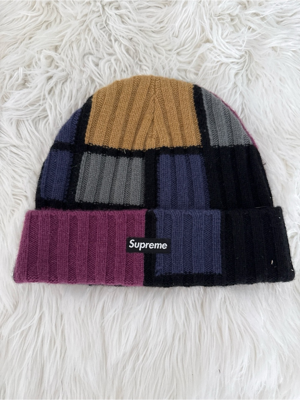 Supreme Patchwork Ribbed Beanie in Mustard, Plum & Navy